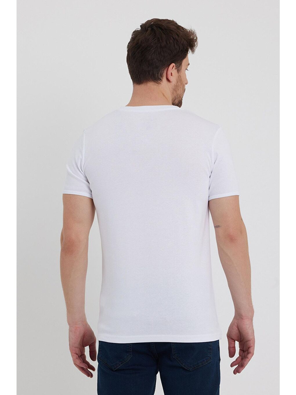 Beyaz Erkek  Patlı Yaka Basic Rıbana Tişört-4