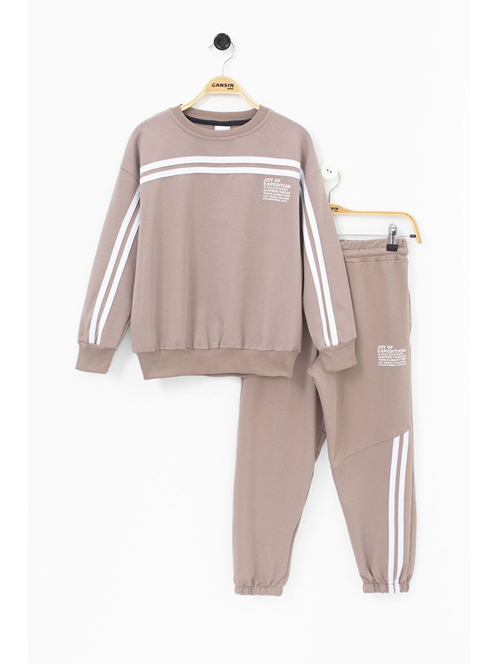 Kahverengi Kahve Şerit Detaylı Bisiklet Yaka Erkek Çocuk Basic Eşofman Takımı 21261-1