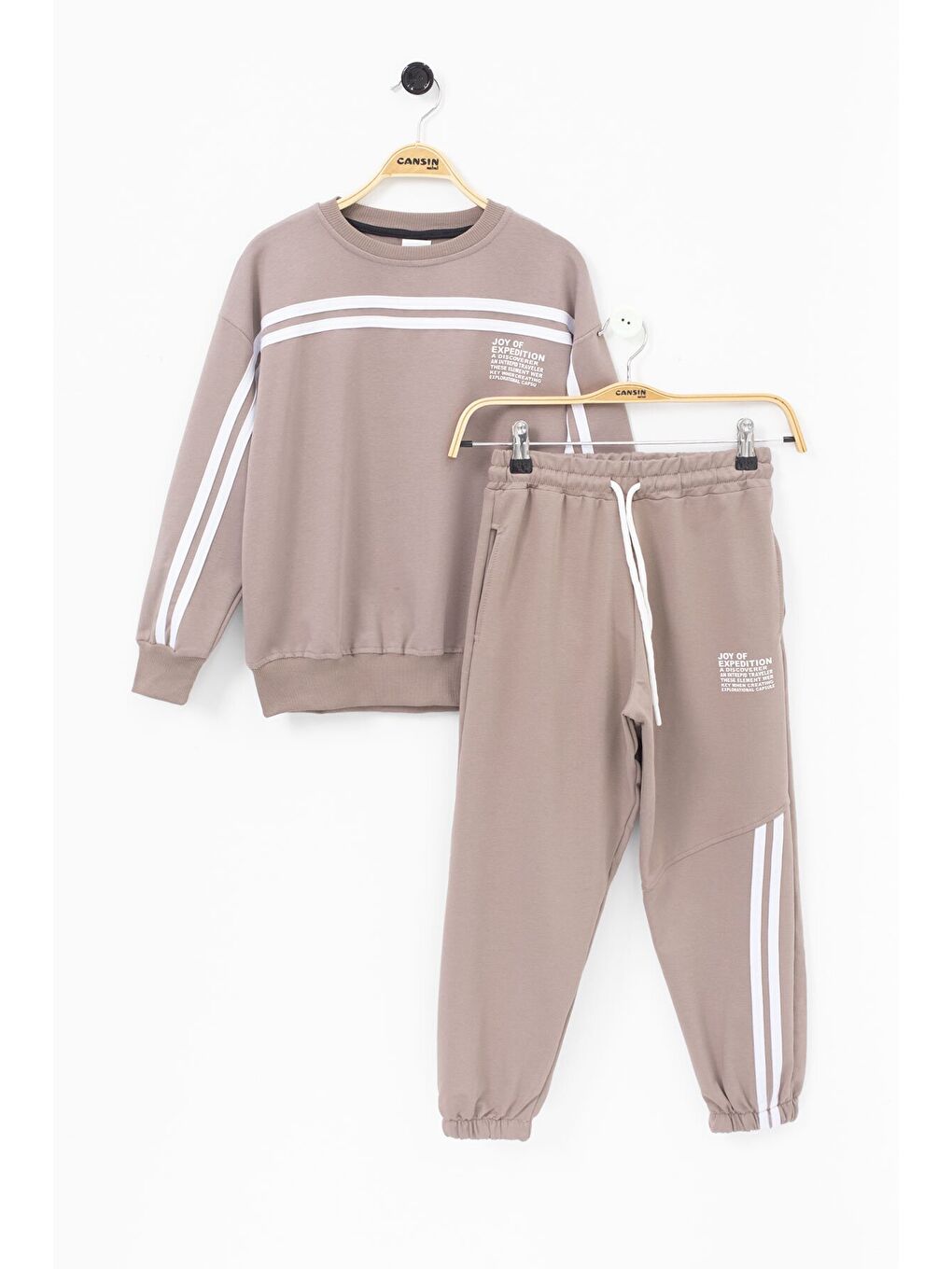 Kahverengi Kahve Şerit Detaylı Bisiklet Yaka Erkek Çocuk Basic Eşofman Takımı 21261-2