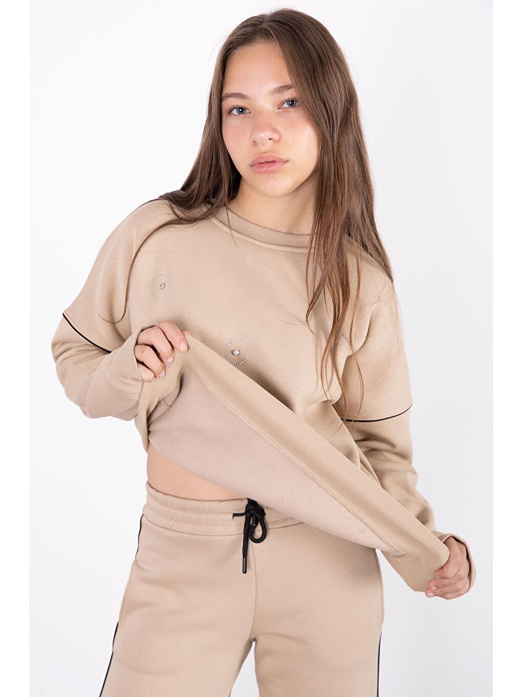 Bej Payet İşlemeli Şardonlu Kız Çocuk 2li Eşofman Takımı 21427-2