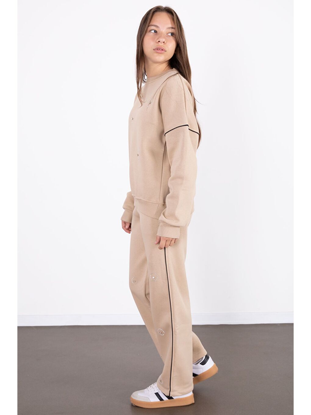 Bej Payet İşlemeli Şardonlu Kız Çocuk 2li Eşofman Takımı 21427-3