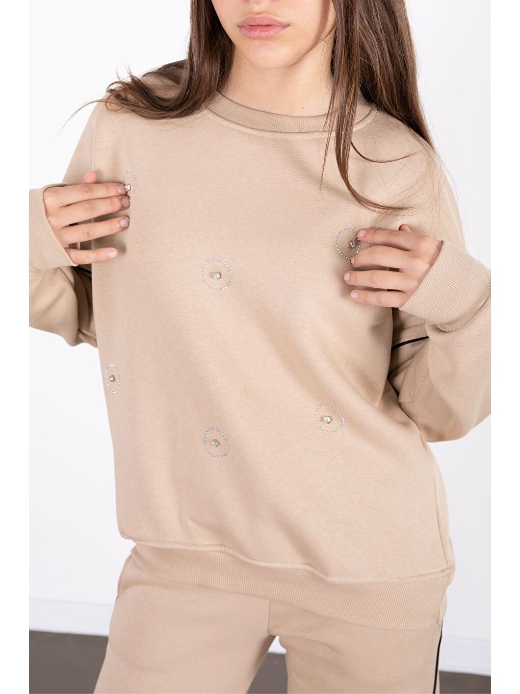 Bej Payet İşlemeli Şardonlu Kız Çocuk 2li Eşofman Takımı 21427-4