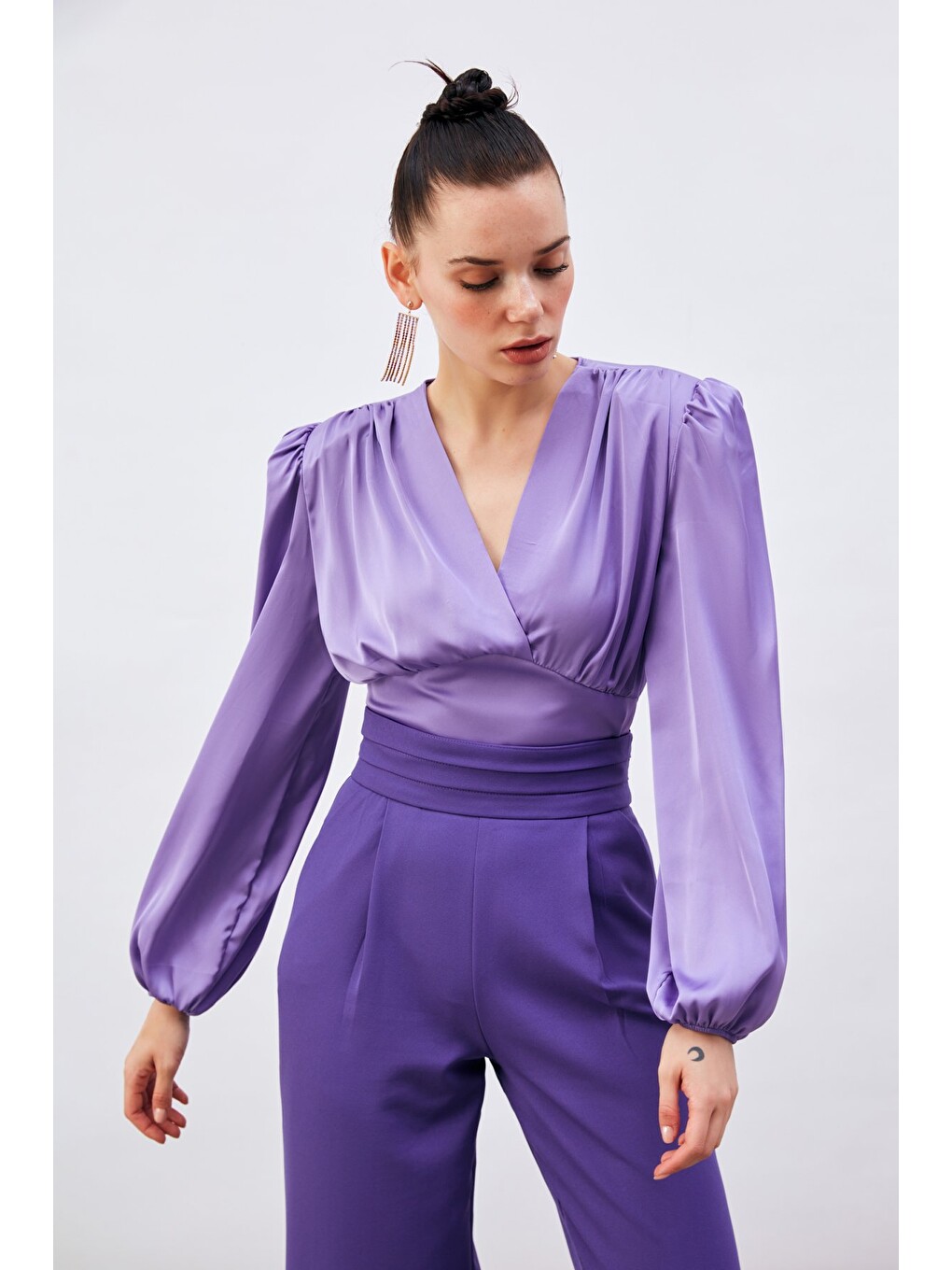 Kruvaze Saten Bluz - Lila-1