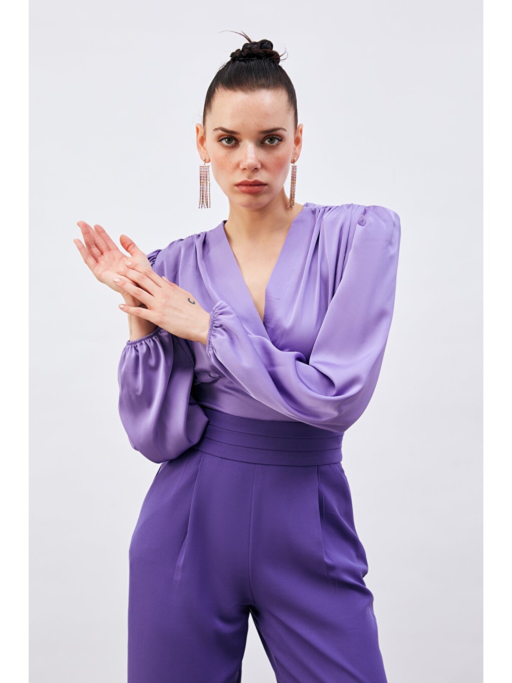 Kruvaze Saten Bluz - Lila-3