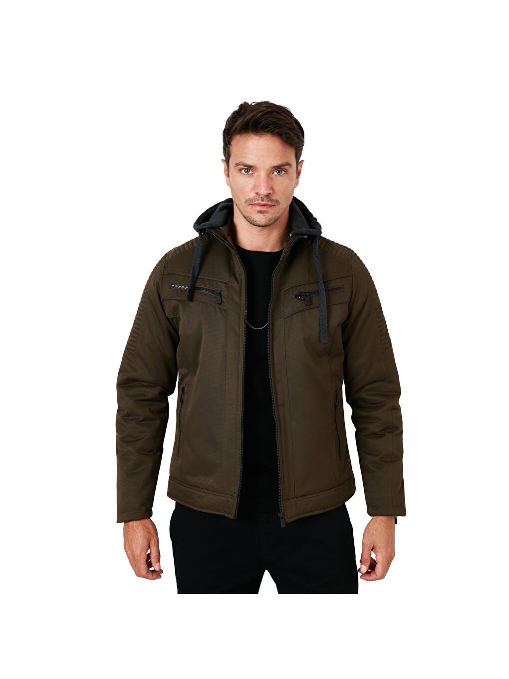 Haki Slim Fit Peluş Astarlı Çıkarılabilir Kapüşonlu Erkek Mont 5855031-7