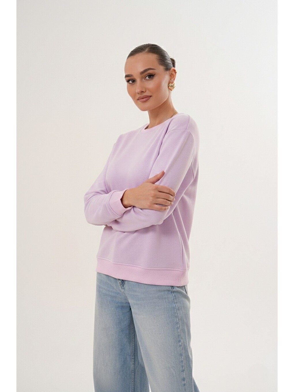 Lila Unisex Bisiklet Yaka %100 Pamuk Basic Sweatshirt-4