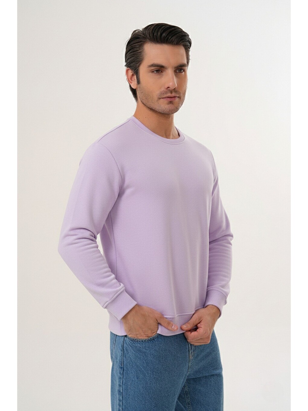 Lila Unisex Bisiklet Yaka %100 Pamuk Basic Sweatshirt-5