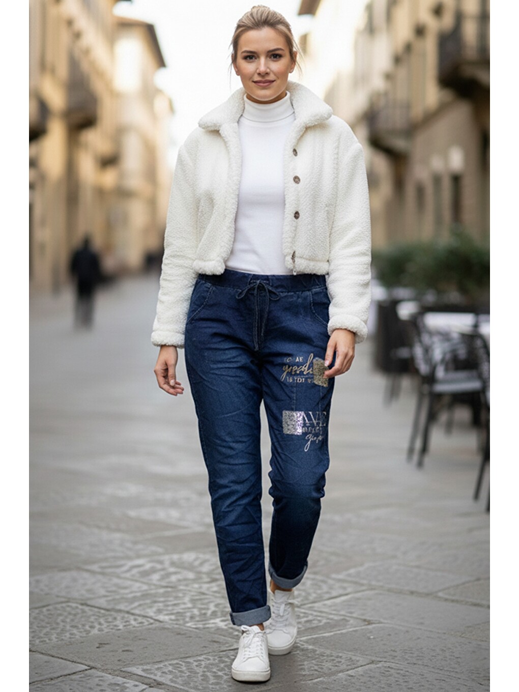 İtalyan Jean Mavisi Cepli Varak Baskılı Lastikli Ve Bağlamalı Bel Elastan Denim Pantolon 100 55-2