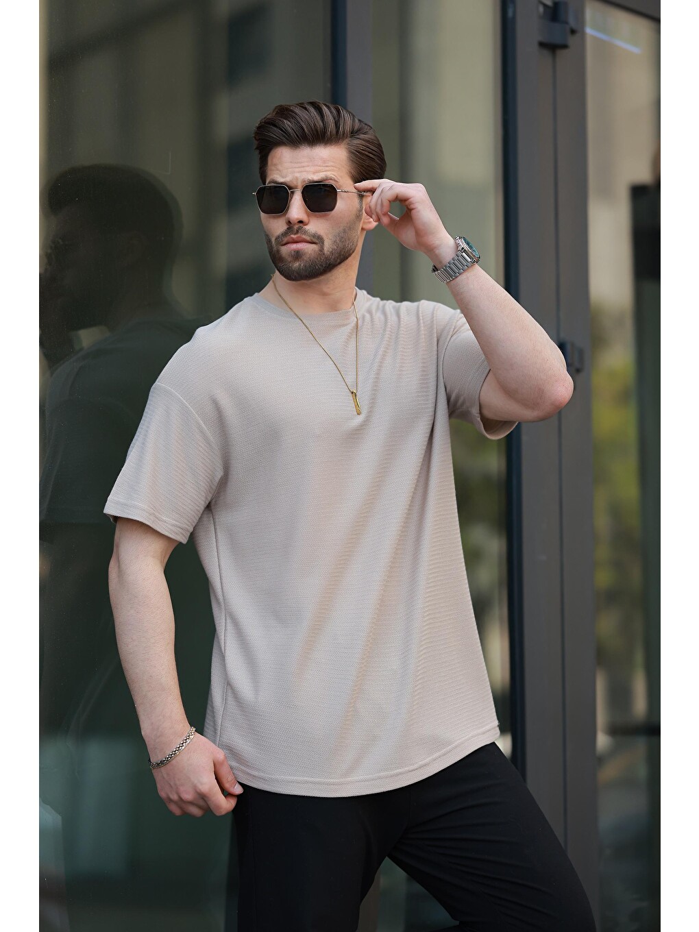 Bej Basic Bisiklet Yaka Erkek Tişört E7133-1