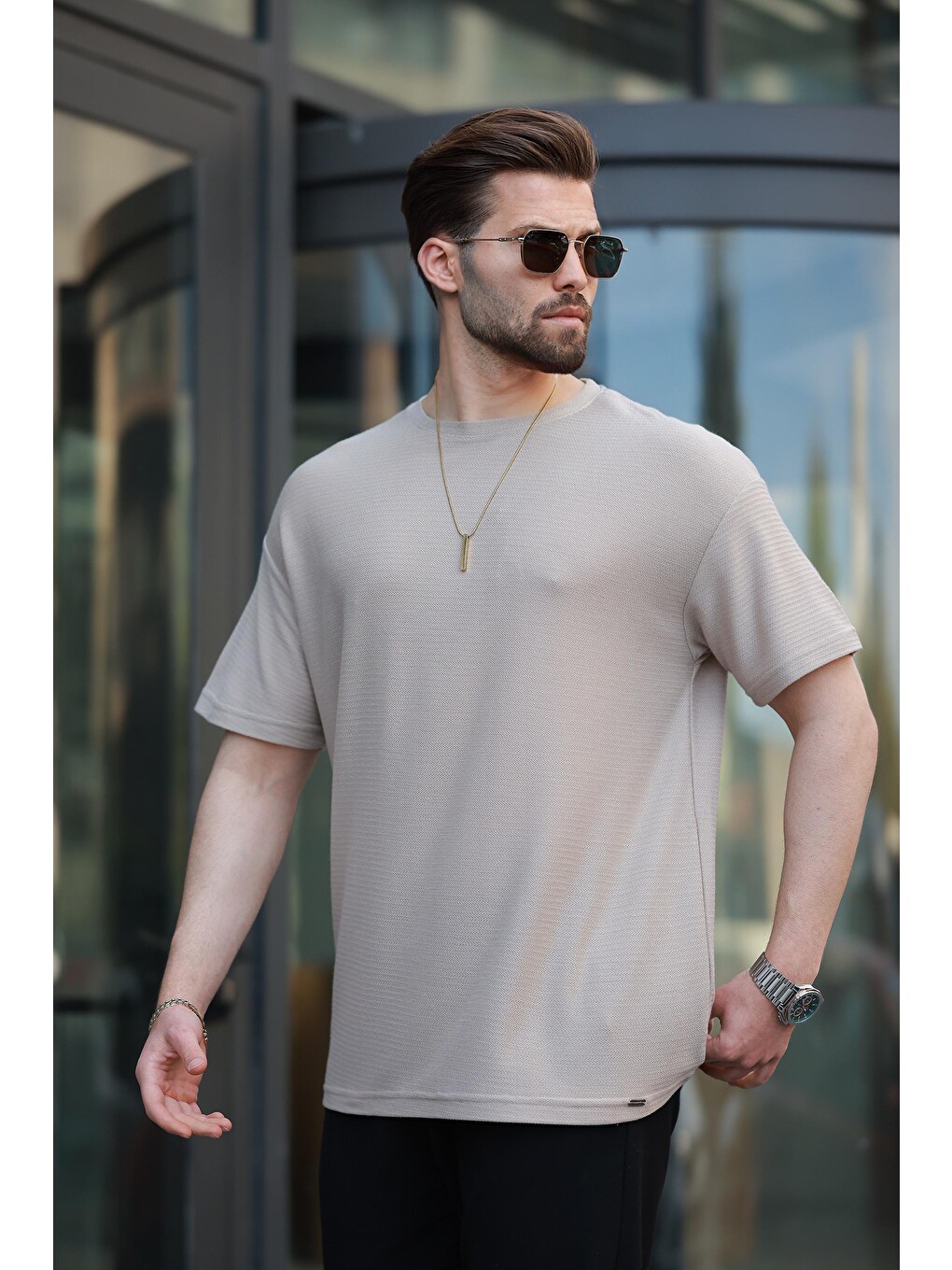 Bej Basic Bisiklet Yaka Erkek Tişört E7133-2