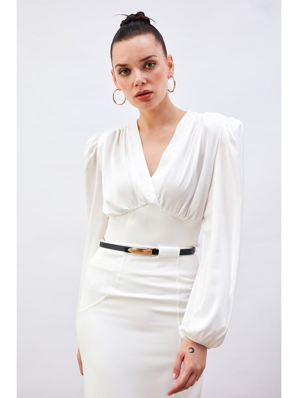 Kruvaze Saten Bluz - Ekru-1