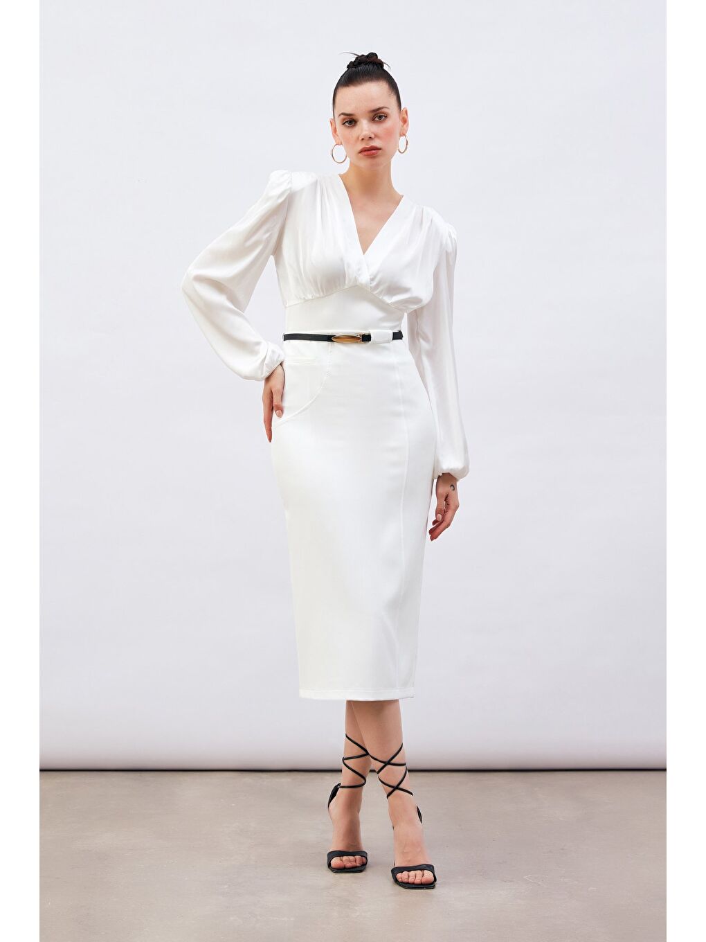 Kruvaze Saten Bluz - Ekru-2