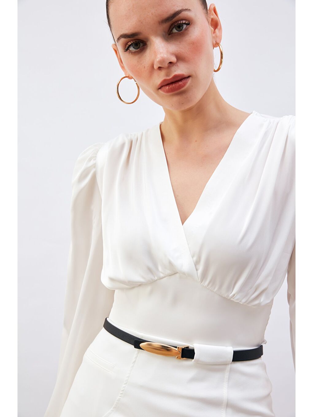 Kruvaze Saten Bluz - Ekru-3