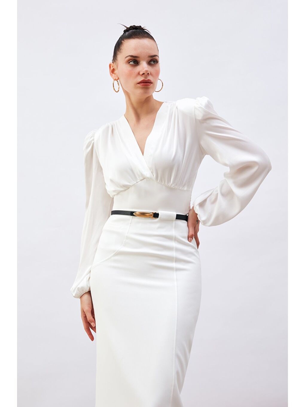 Kruvaze Saten Bluz - Ekru-4