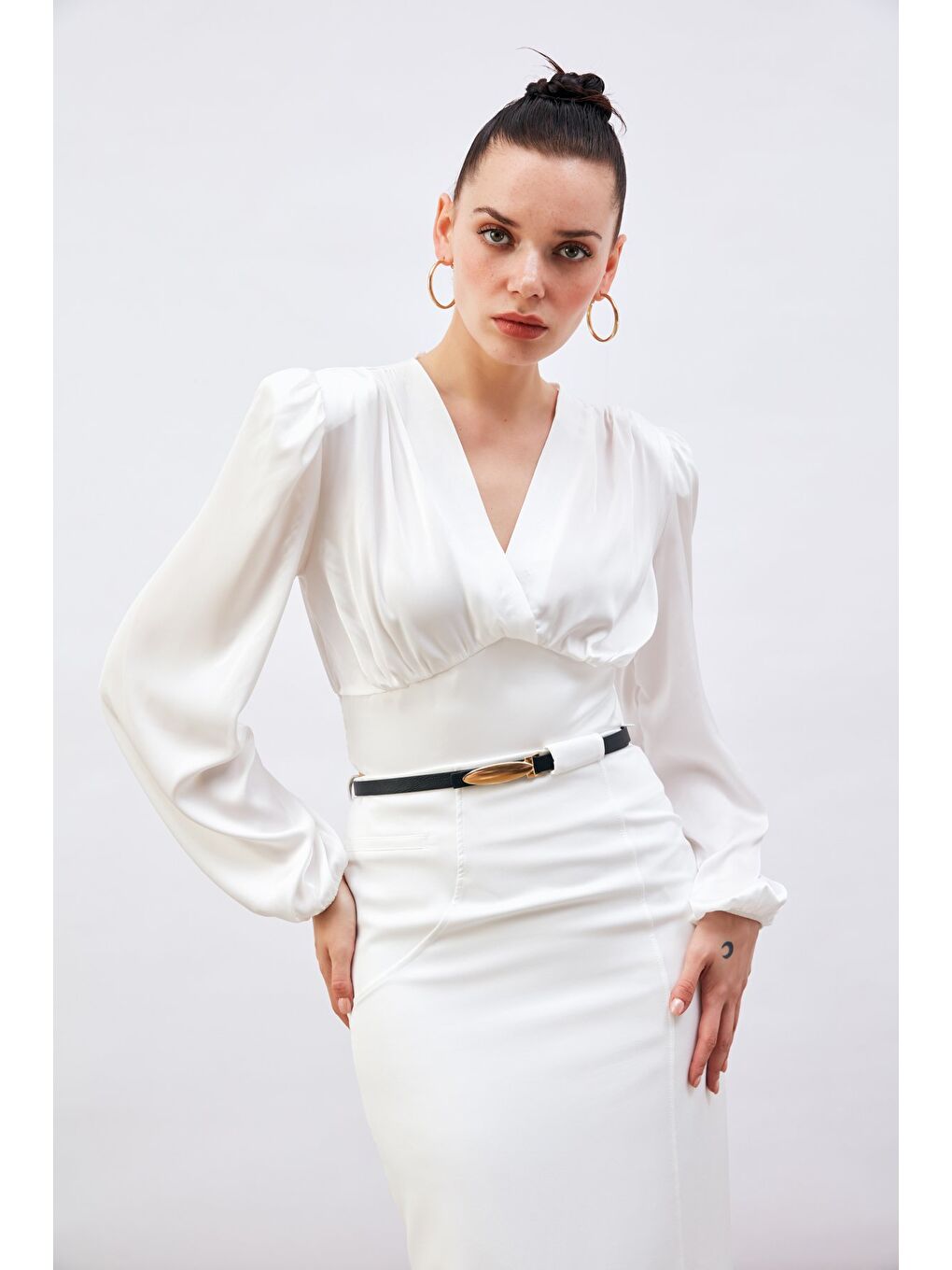 Kruvaze Saten Bluz - Ekru-5