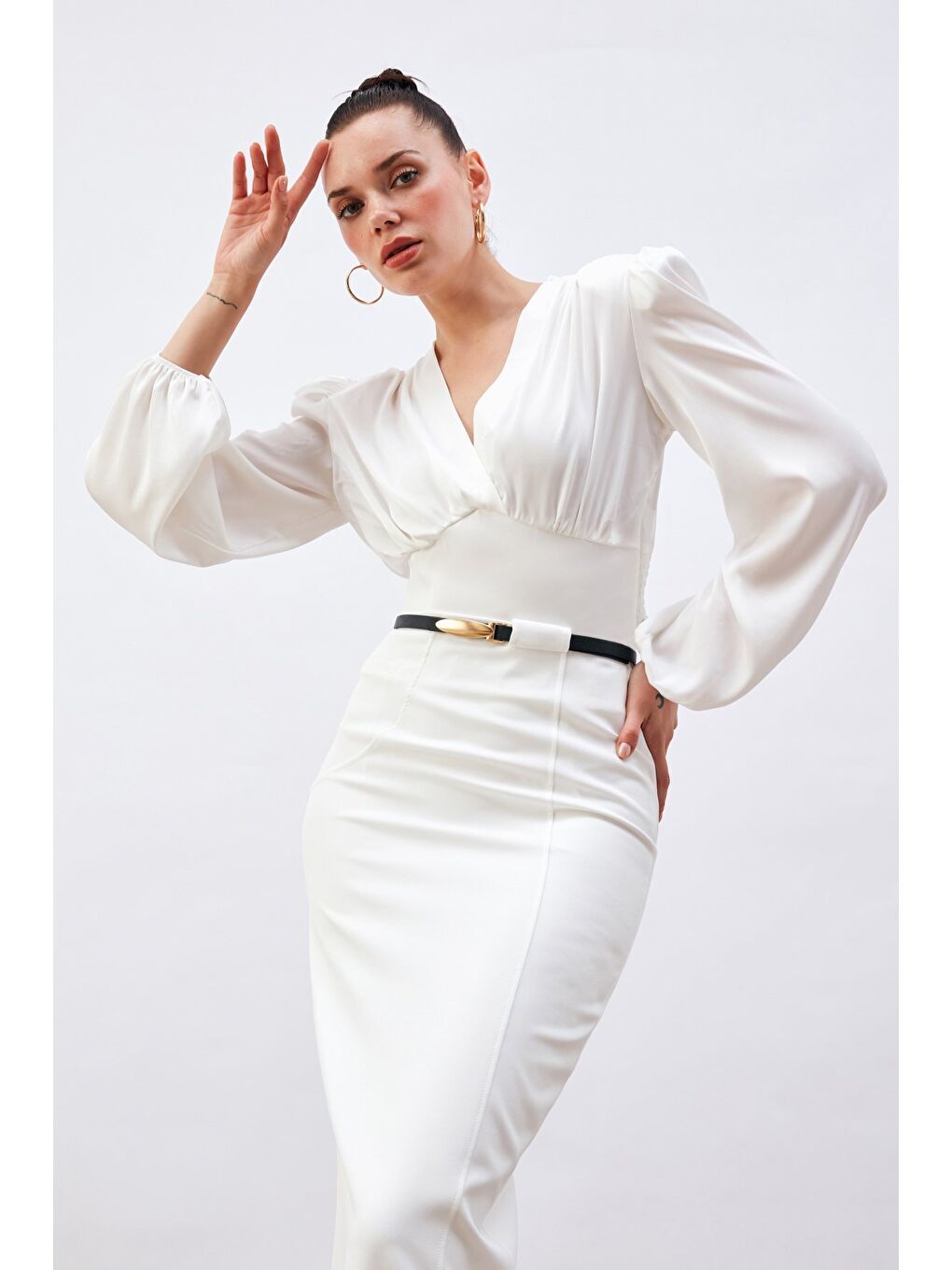 Kruvaze Saten Bluz - Ekru-6