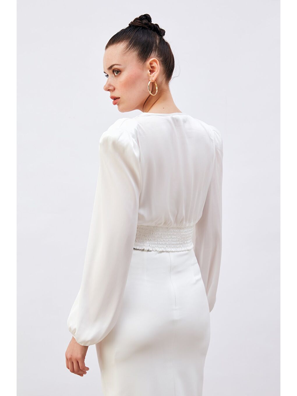 Kruvaze Saten Bluz - Ekru-7