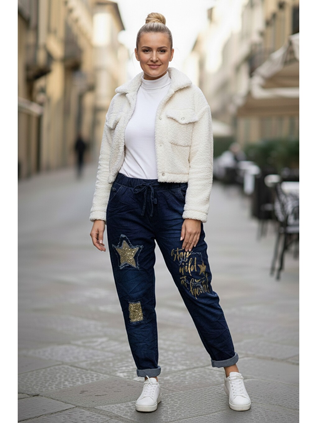 İtalyan Jean Mavisi Cepli Varak Baskılı Lastikli Ve Bağlamalı Bel Elastan Denim Pantolon 100 55-2