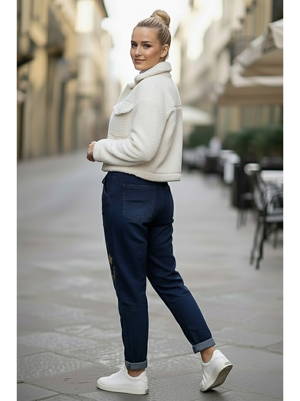 İtalyan Jean Mavisi Cepli Varak Baskılı Lastikli Ve Bağlamalı Bel Elastan Denim Pantolon 100 55-5
