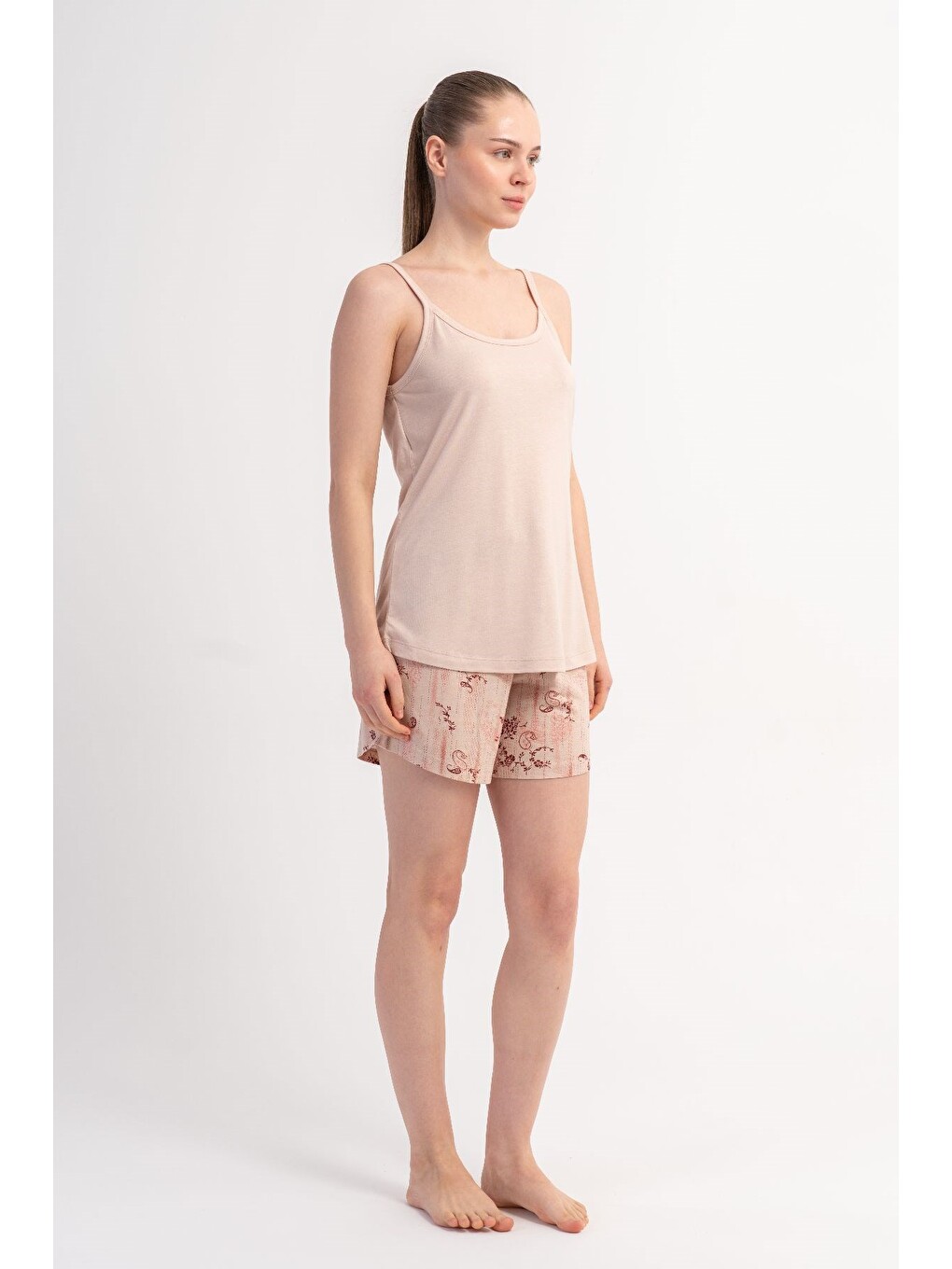 Ekru İp Askılı Şortlu Pijama Takımı Krem-512247
