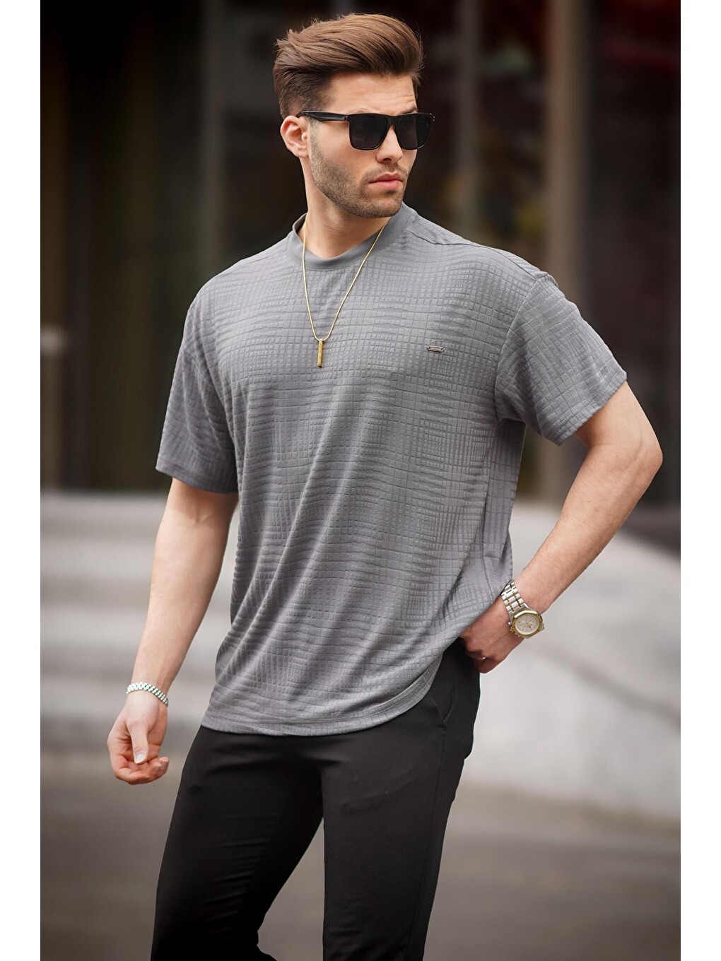 Gri Füme Oversize Bisiklet Yaka Erkek Tişört 6191