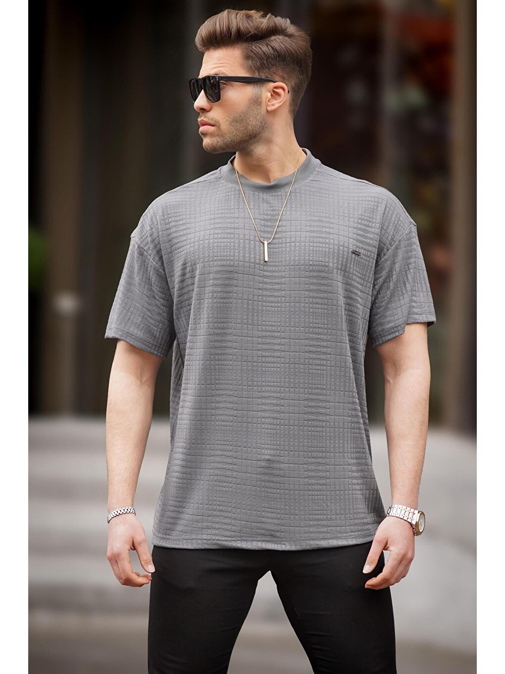 Gri Füme Oversize Bisiklet Yaka Erkek Tişört 6191-1