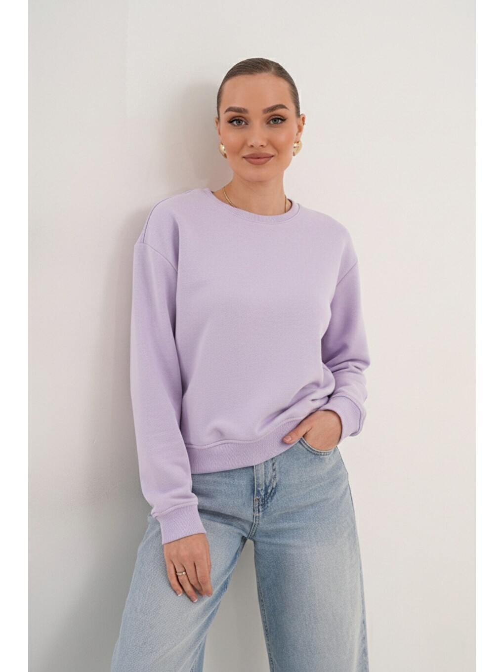 Lila Unisex Bisiklet Yaka %100 Pamuk Basic Sweatshirt-6