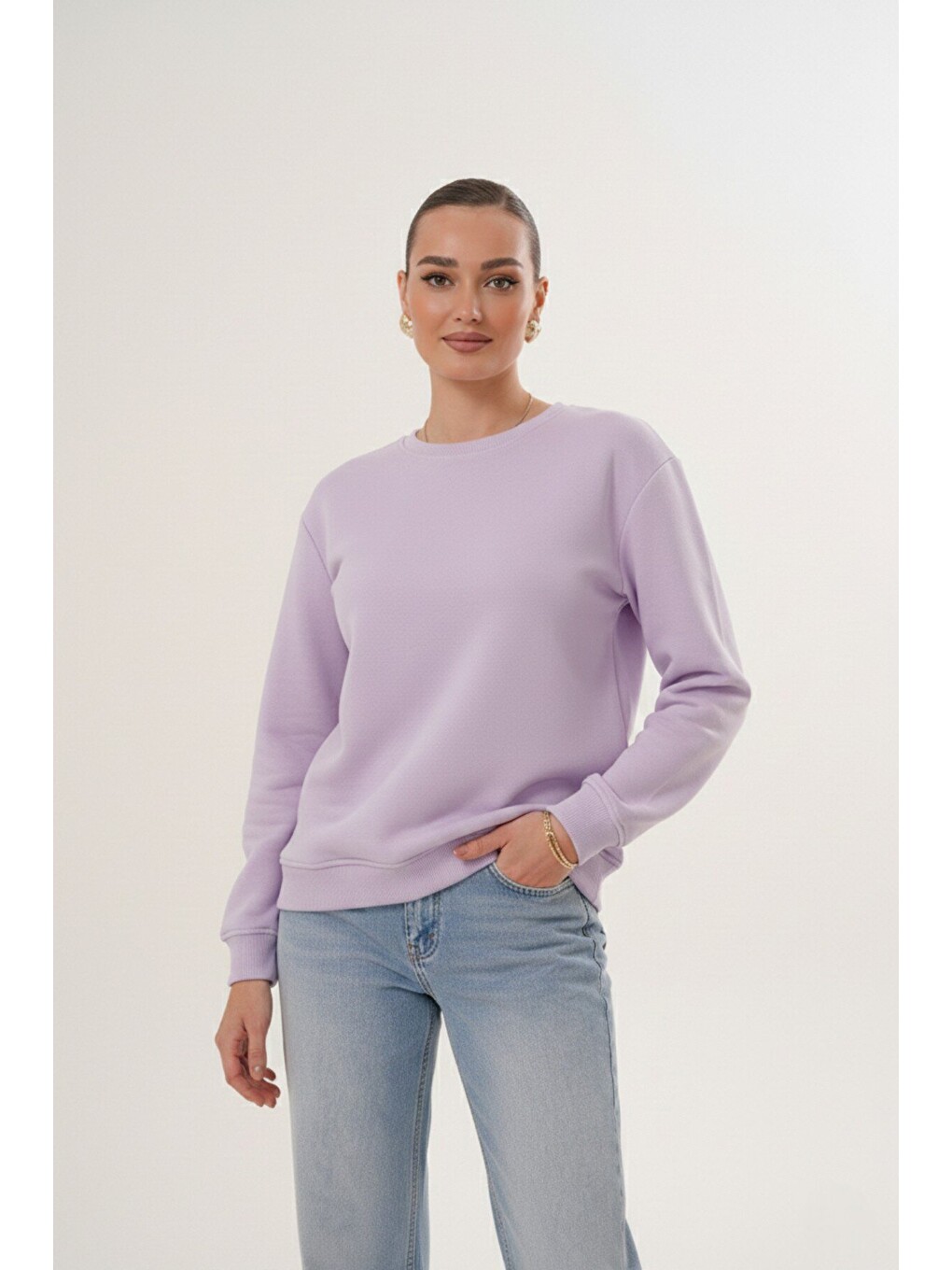 Lila Unisex Bisiklet Yaka %100 Pamuk Basic Sweatshirt