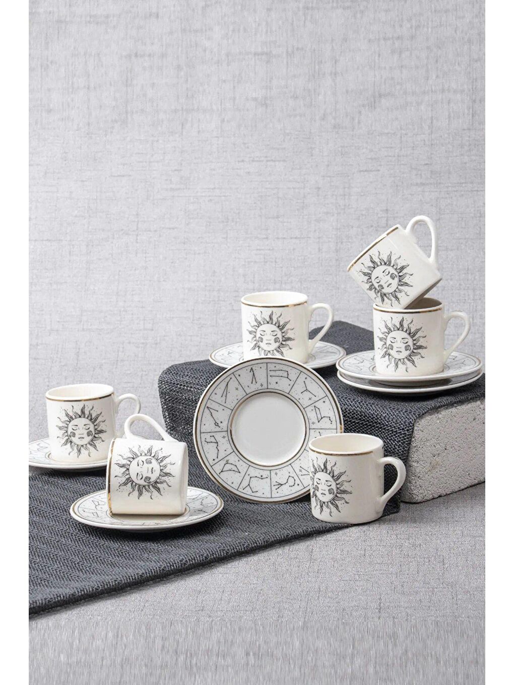 Beyaz TE-040 Gunes Altın Yaldızlı 12 Parça 6 Kişilik Türk Kahvesi Fincan Takımı