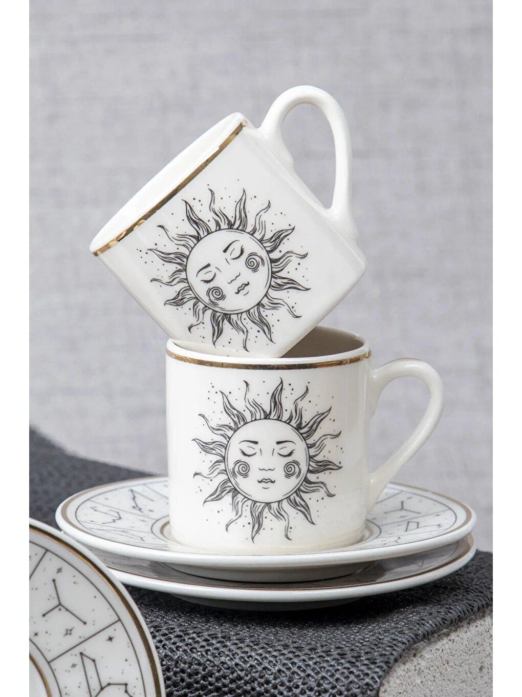 Beyaz TE-040 Gunes Altın Yaldızlı 12 Parça 6 Kişilik Türk Kahvesi Fincan Takımı-2