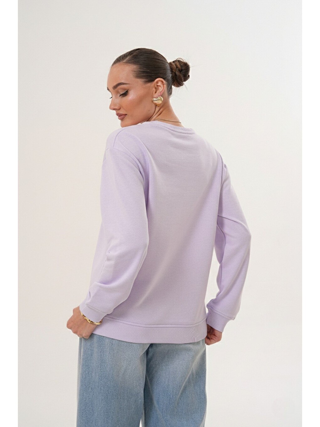Lila Unisex Bisiklet Yaka %100 Pamuk Basic Sweatshirt-2