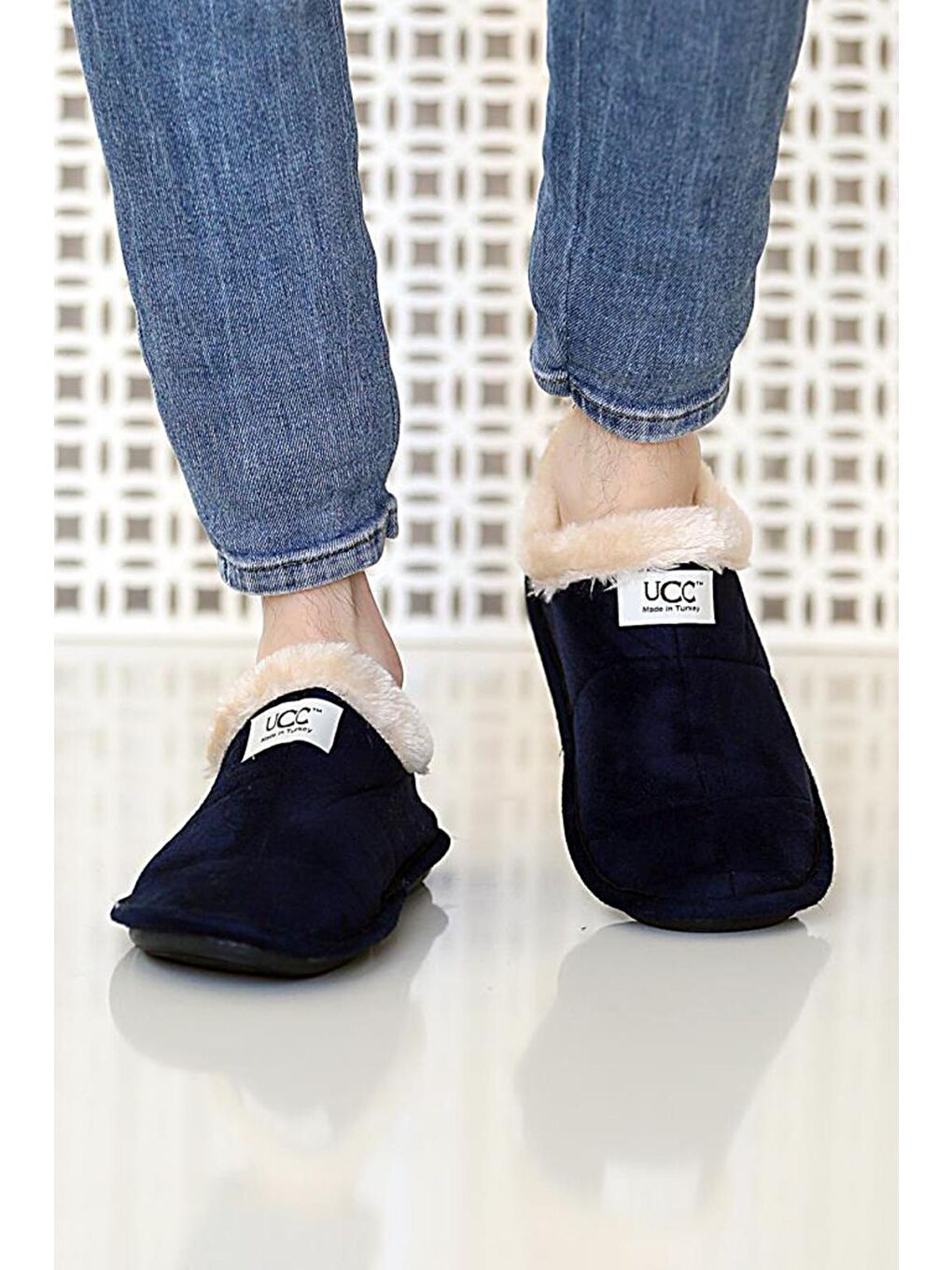 Termal Taban Polar İçi Kürklü Erkek Ev Ayakkabısı A099-20 Lacivert