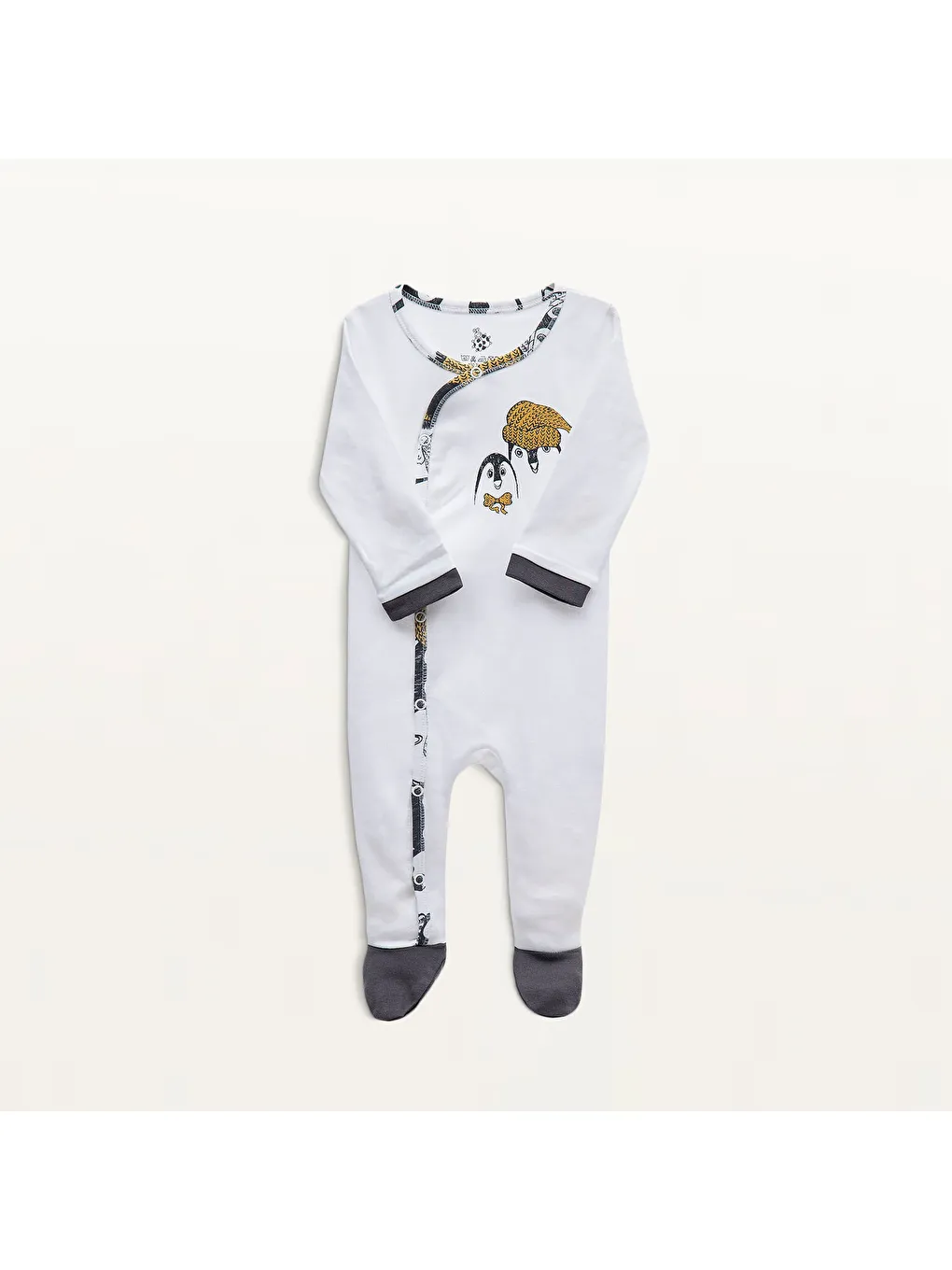 Pingu Bebek Tulumu %100 Organik Pamuk Penye Baskılı Beyaz