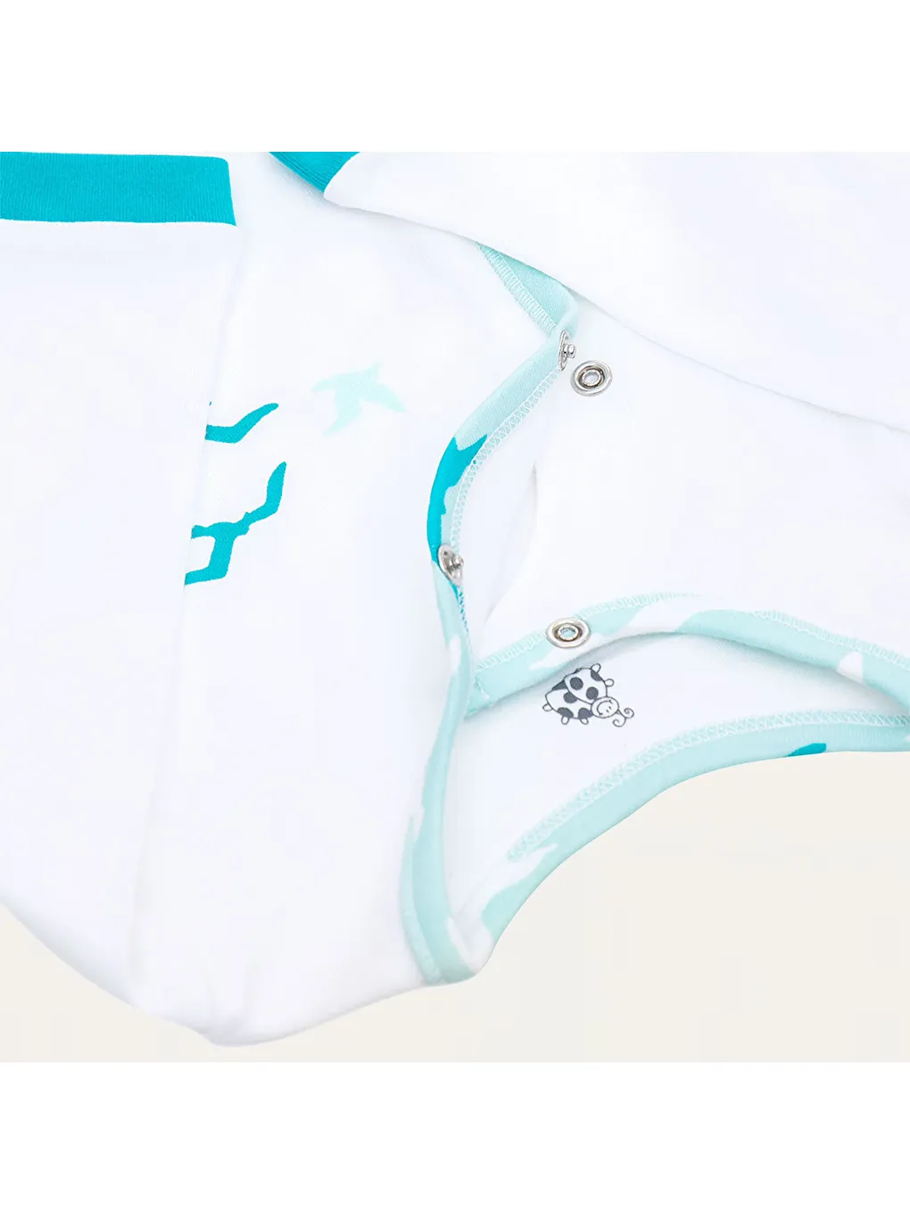 Turna Bebek Tulumu %100 Organik Pamuk Penye Baskılı Beyaz-Turkuaz-2