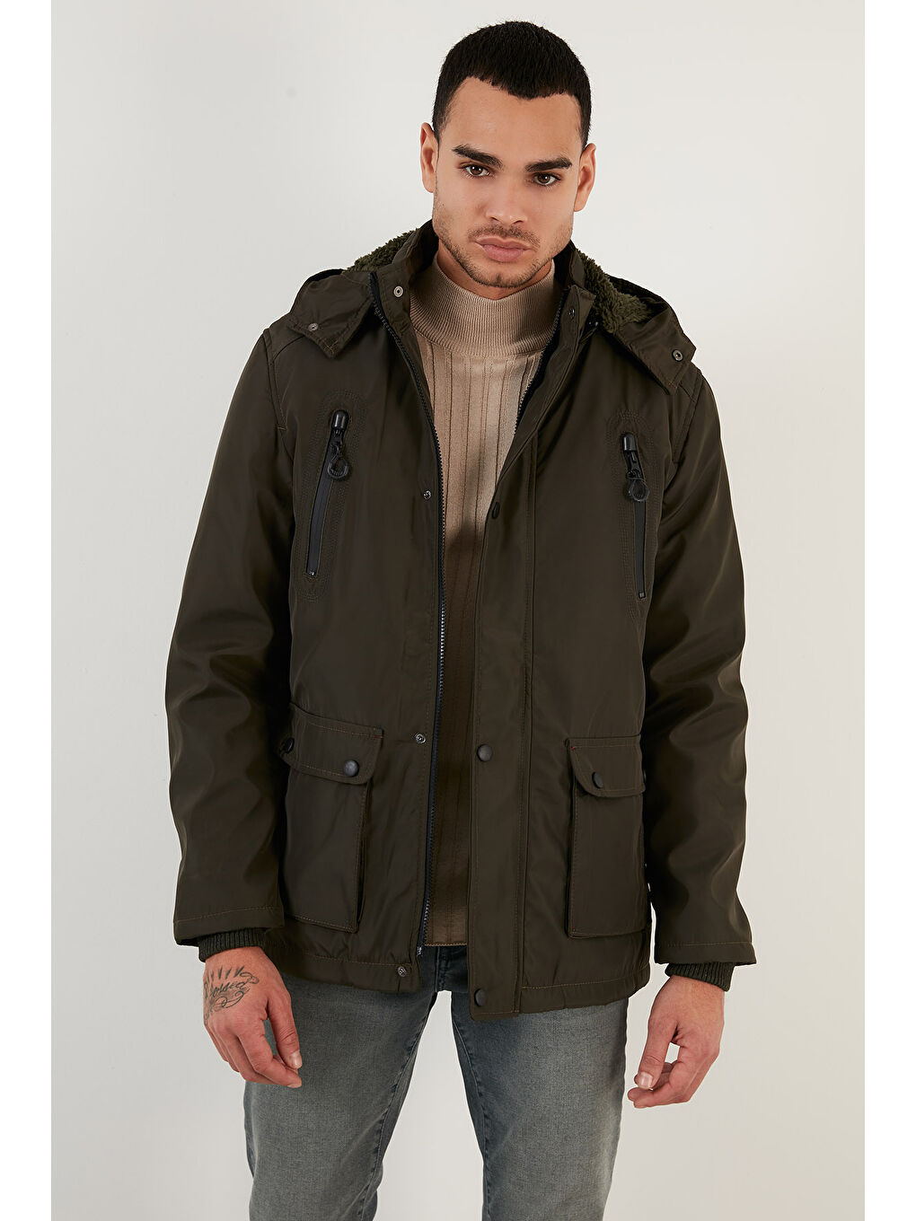 Haki Pelüş Astarlı Çıkarılabilir Kapüşonlu Regular Fit Erkek Mont 5855018-7