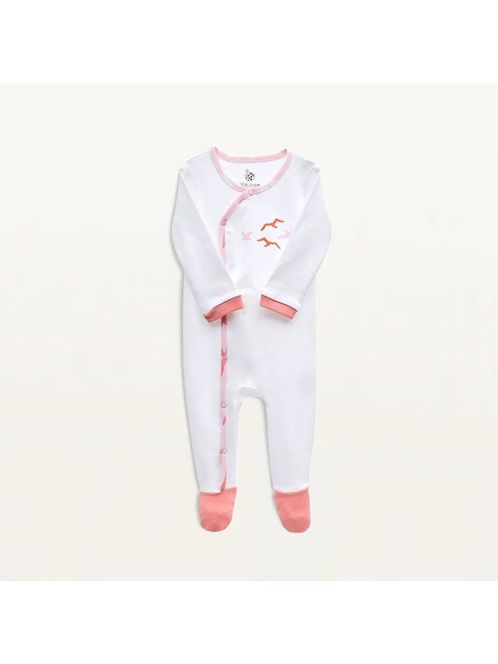 Pembe Turna Bebek Tulumu %100 Organik Pamuk Penye Baskılı Beyaz-Somon