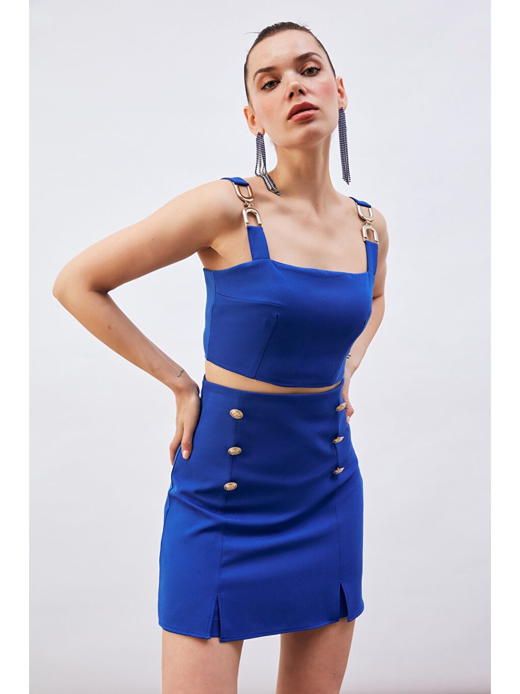 Omuz Aksesuarlı Crop Bluz - Sax Mavi