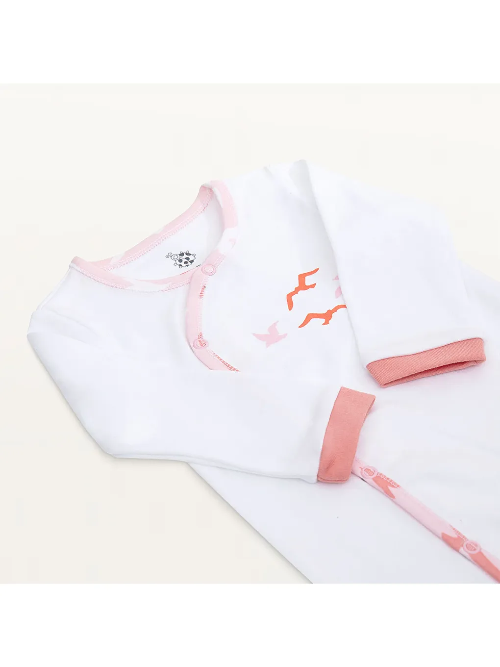 Pembe Turna Bebek Tulumu %100 Organik Pamuk Penye Baskılı Beyaz-Somon-1