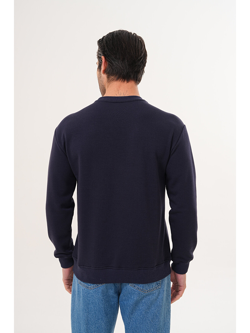 Lacivert Unisex Bisiklet Yaka %100 Pamuk Basic Sweatshirt-3