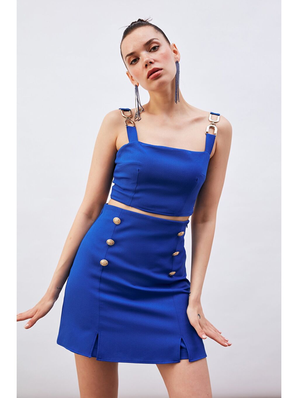 Omuz Aksesuarlı Crop Bluz - Sax Mavi-1