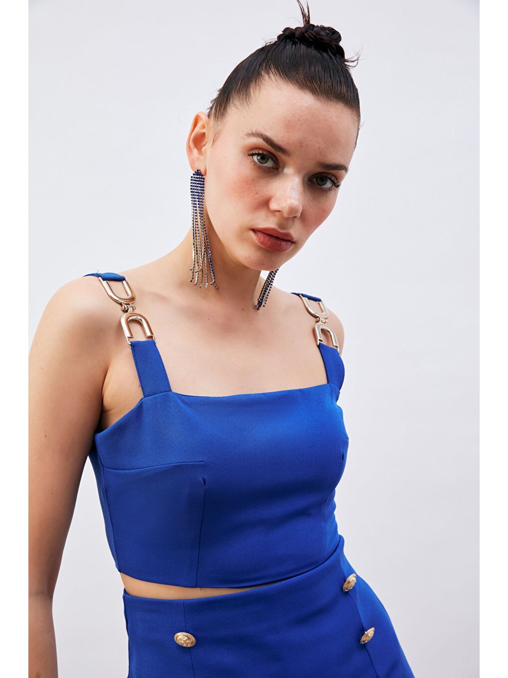 Omuz Aksesuarlı Crop Bluz - Sax Mavi-2