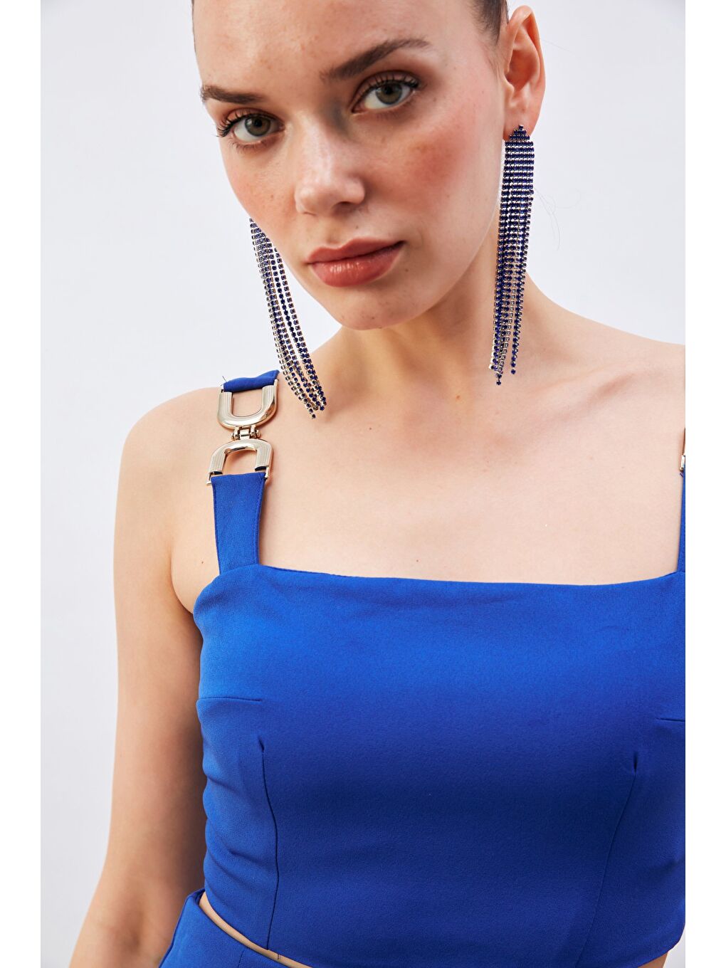 Omuz Aksesuarlı Crop Bluz - Sax Mavi-3