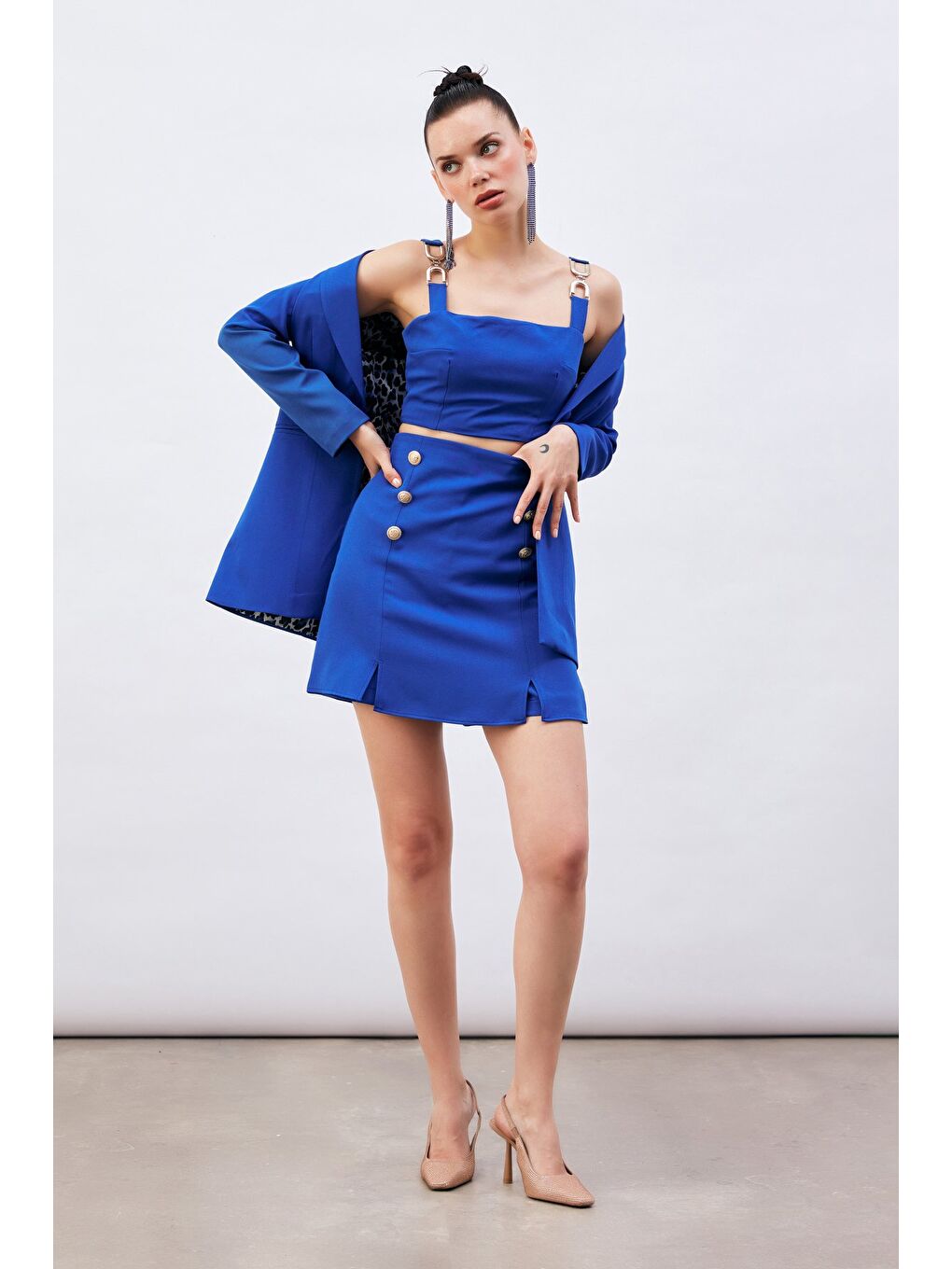 Omuz Aksesuarlı Crop Bluz - Sax Mavi-4