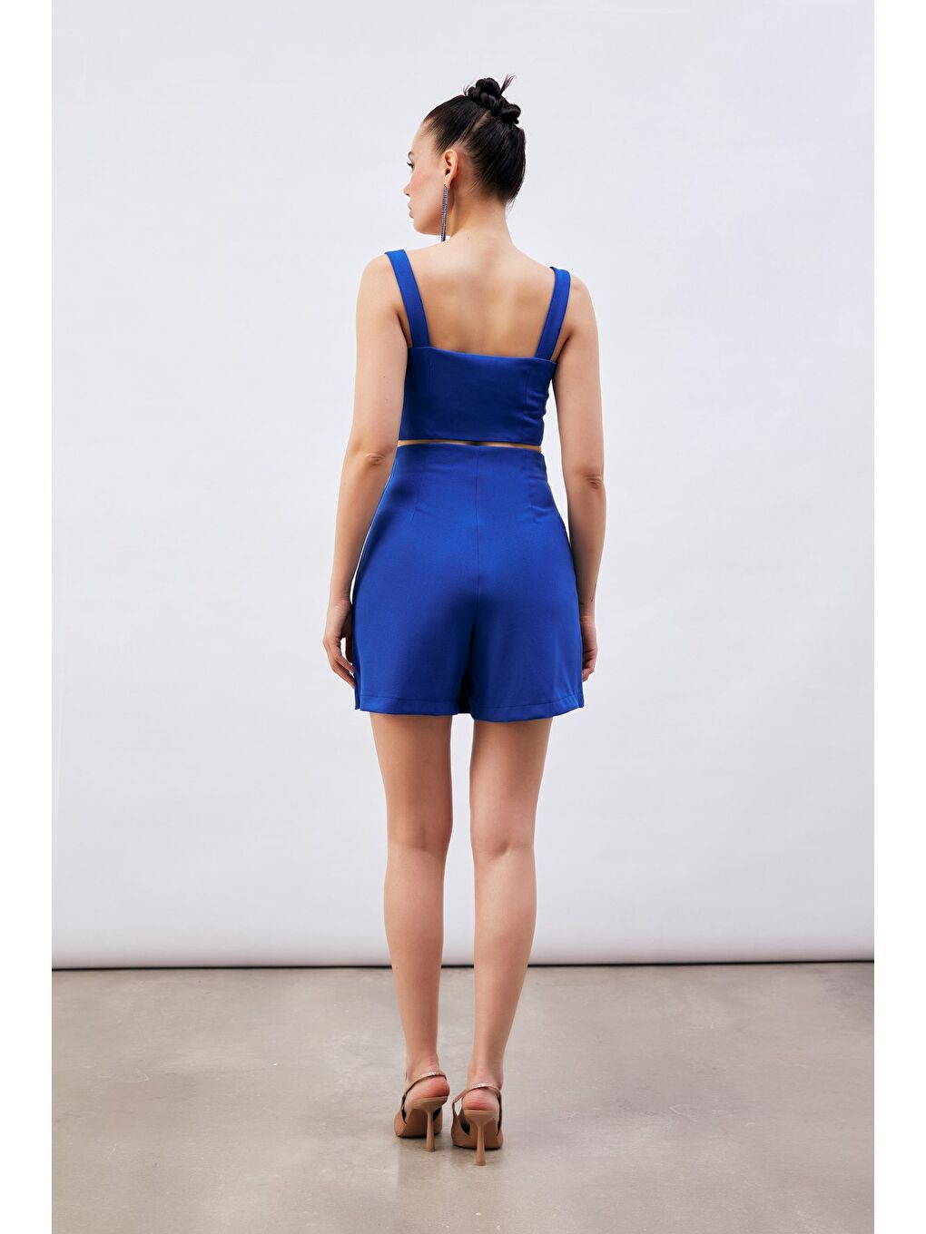 Omuz Aksesuarlı Crop Bluz - Sax Mavi-5