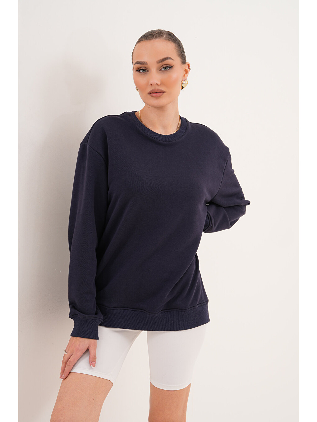 Lacivert Unisex Bisiklet Yaka %100 Pamuk Basic Sweatshirt-4