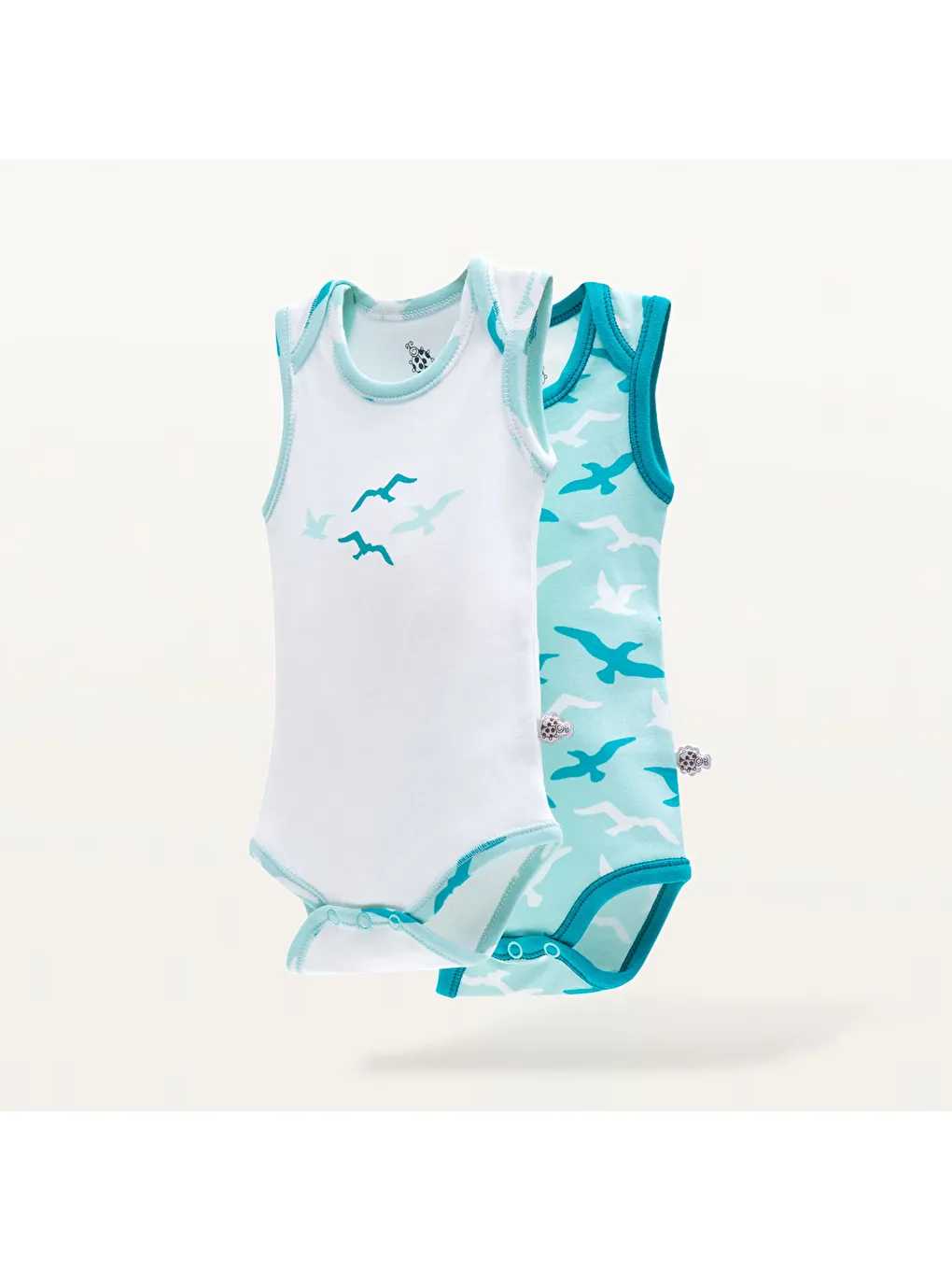 Turna 2'li Erkek Bebek Zıbın Kolsuz %100 Organik Pamuk Penye Baskılı Beyaz-Turkuaz