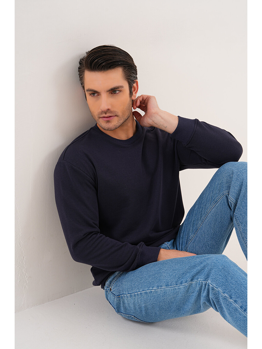 Lacivert Unisex Bisiklet Yaka %100 Pamuk Basic Sweatshirt-5