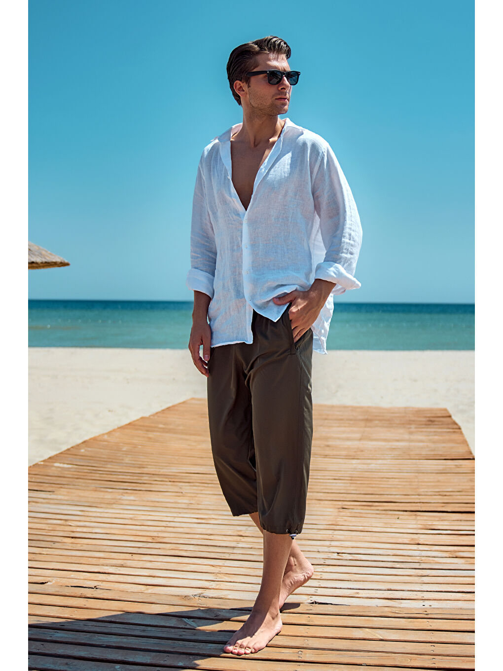 Erkek Havuz Deniz Uzun Kapri Şort Mayo RKS-01 Haki