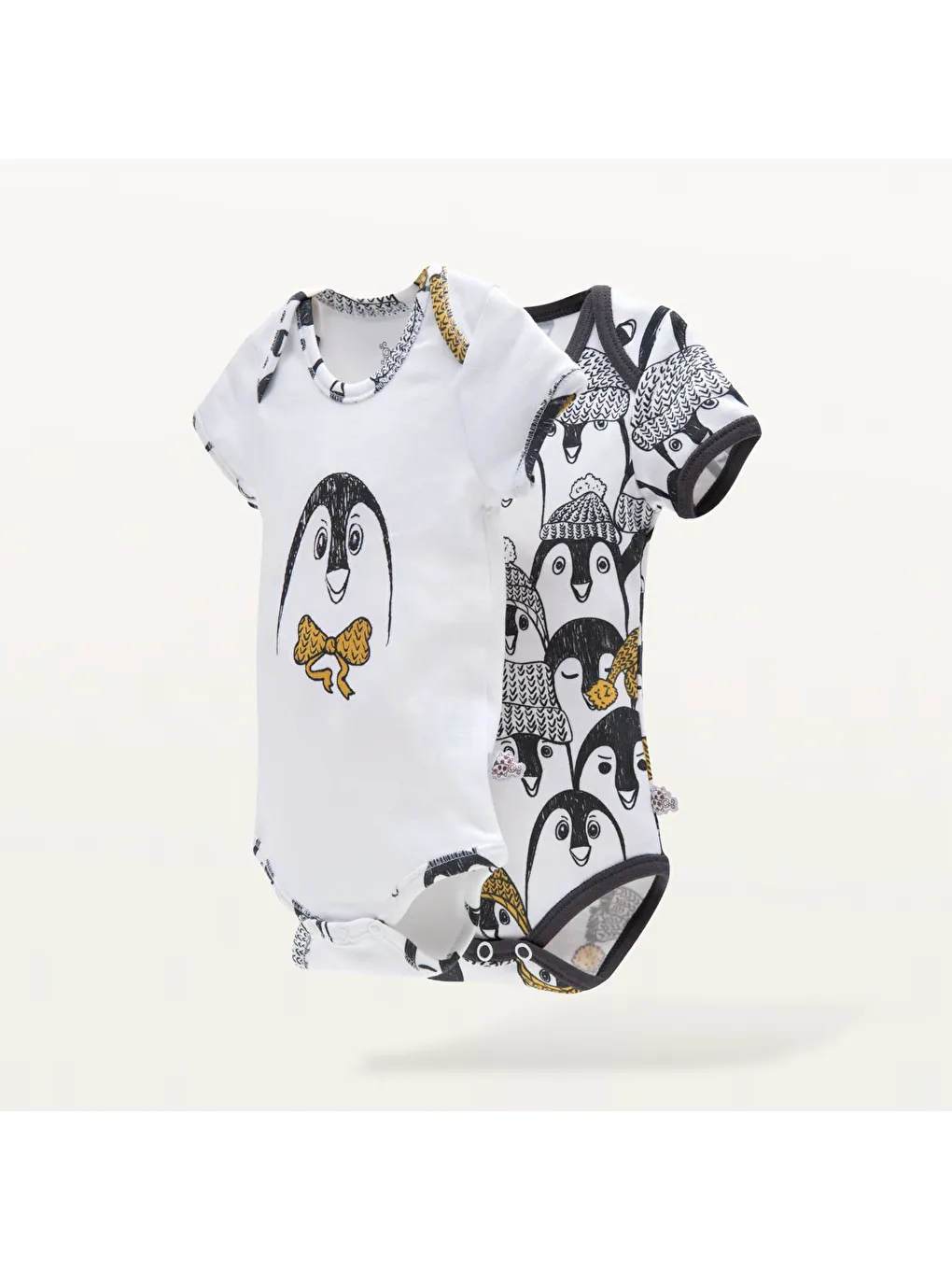Pingu 2'li Bebek Zıbın Kısa Kollu %100 Organik Pamuk Penye Baskılı Beyaz-Antrasit