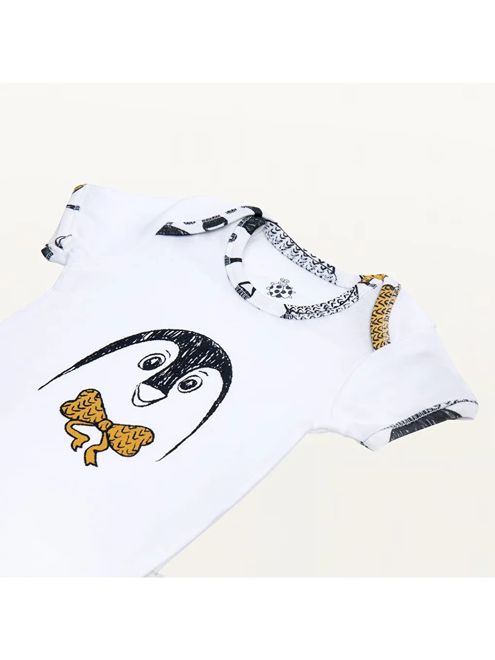 Pingu 2'li Bebek Zıbın Kısa Kollu %100 Organik Pamuk Penye Baskılı Beyaz-Antrasit-5